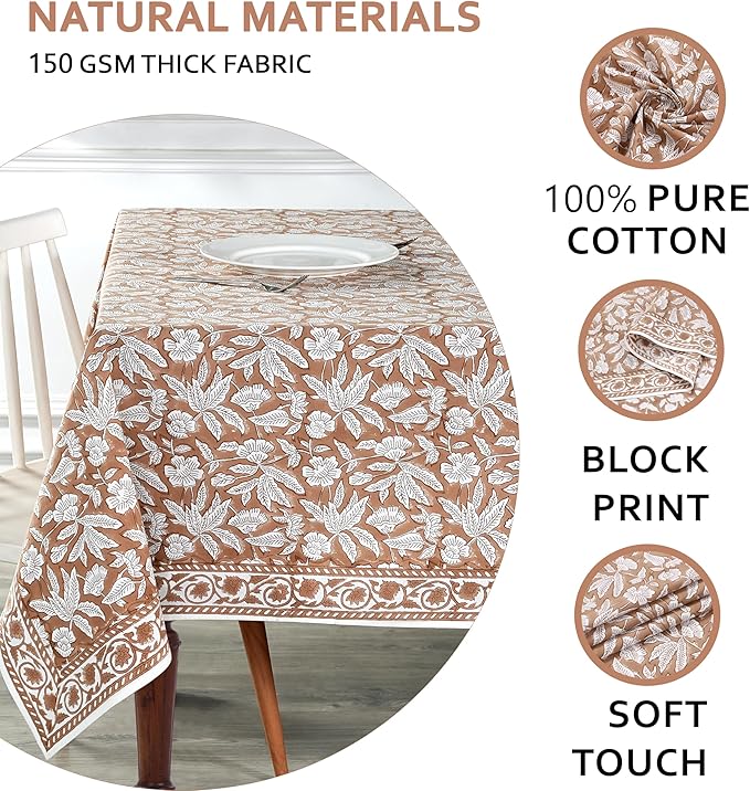Ridhi Oak Brown Hand Block Print Cotton Rectangle Tablecloth 108 x 60 inch-Reusable Table Cover Decorative Everyday Use for Dining Room, Farmhouse, Thanksgiving, Christmas Wedding, Fall
