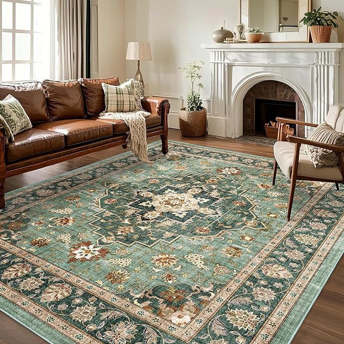 Area Rug for Living Room - Indoor Machine Washable Vintage Rug for Bedroom Dinning Room Floor - Soft Floral Carpet Non-Slip Backing Low-Pile Rugs Office (Forest Green, 8' × 10')