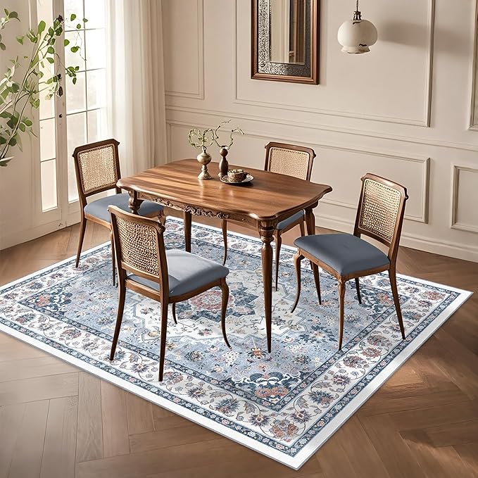 Area Rug for Living Room - Vintage Indoor Machine Washable Rug for Bedroom Dinning Room Floor - Soft Low-Pile Carpet Non-Slip Backing Floral Rugs for Office (Blue White, 6' × 9')