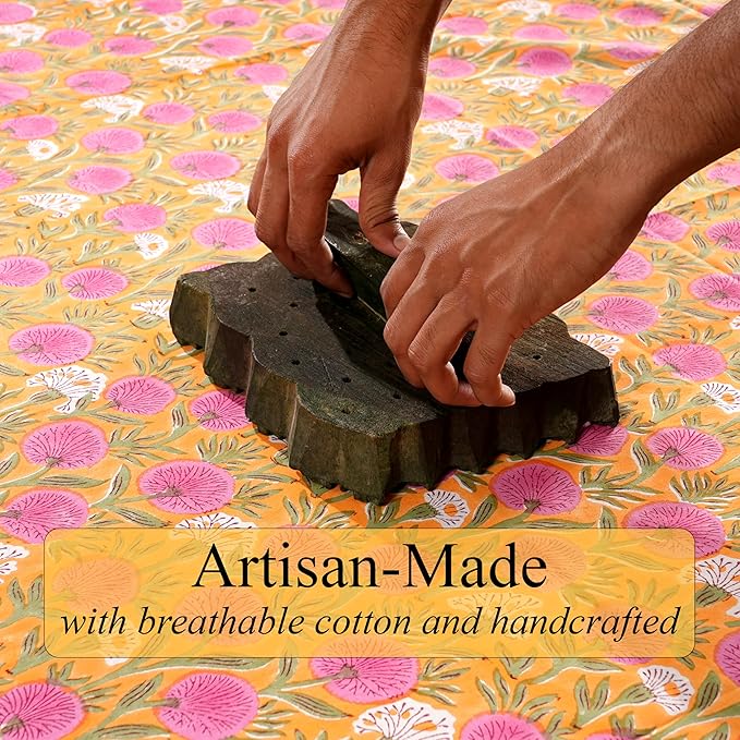Ridhi Bubblegum Pink Hand Block Print Cotton Rectangle Tablecloth 120 x 60 inches Reusable Table Cover Decorative Everyday Use for Dining Room, Farmhouse, Home, Party, Festive & Wedding, Fall