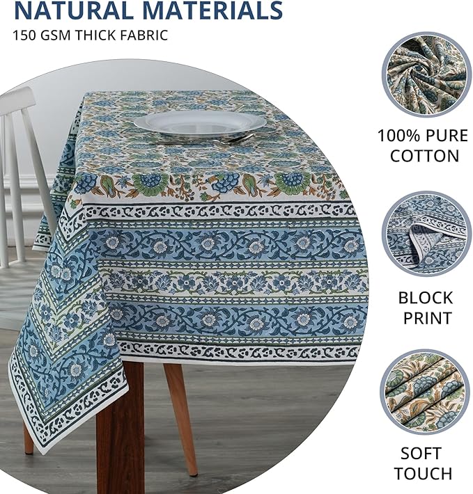 Ridhi Asparagus Green Hand Block Print Cotton Rectangle Tablecloth 140 x 72 inch-Reusable Table Cover Decorative Everyday Use for Dining Room, Farmhouse, Thanksgiving, Christmas Wedding, Fall