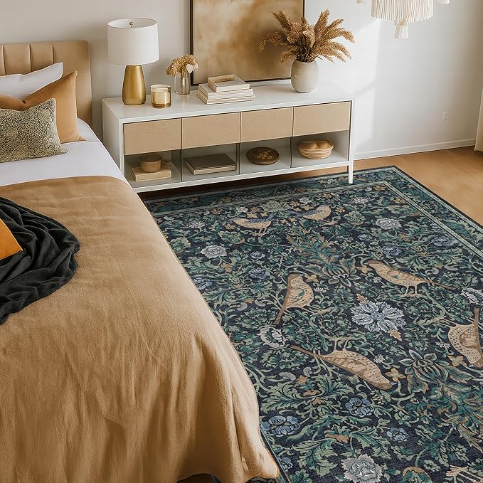 Cottagecore 5x8 Throw Rugs for Living Room, Washable Forest Rugs for Dining Room, Non Slip 5 by 8 Bedroom Under Bed, Low Pile Soft Carpet (Navy Blue & Deep Teal)