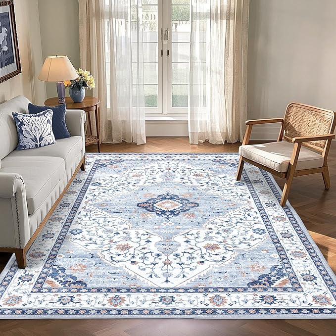 Area Rug for Living Room - Vintage Indoor Machine Washable Rug for Bedroom Dinning Room Floor - Soft Low-Pile Carpet Non-Slip Backing Floral Rugs for Office (Blue/White, 5' × 7')