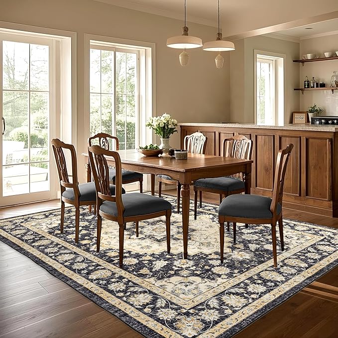 Area Rug for Living Room - Indoor Machine Washable Vintage Rugs for Bedroom Dinning Room Floor Carpet Non-Slip Backing Rugs Floral Soft Low-Pile Office Rug (Black/Beige, 9' × 12')