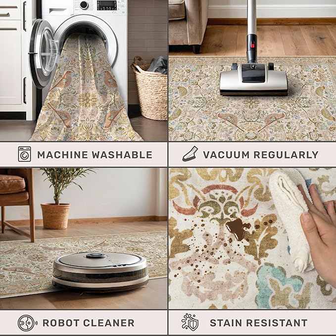 Boho Bathroom Runner Rug 2x5 - Floral & Bird Runner Rug for Kitchen Floor, Hallway, Laundry Room, Bedroom, Entrance, Beige Neutral Vintage Decor, Washable Non Slip Low Pile