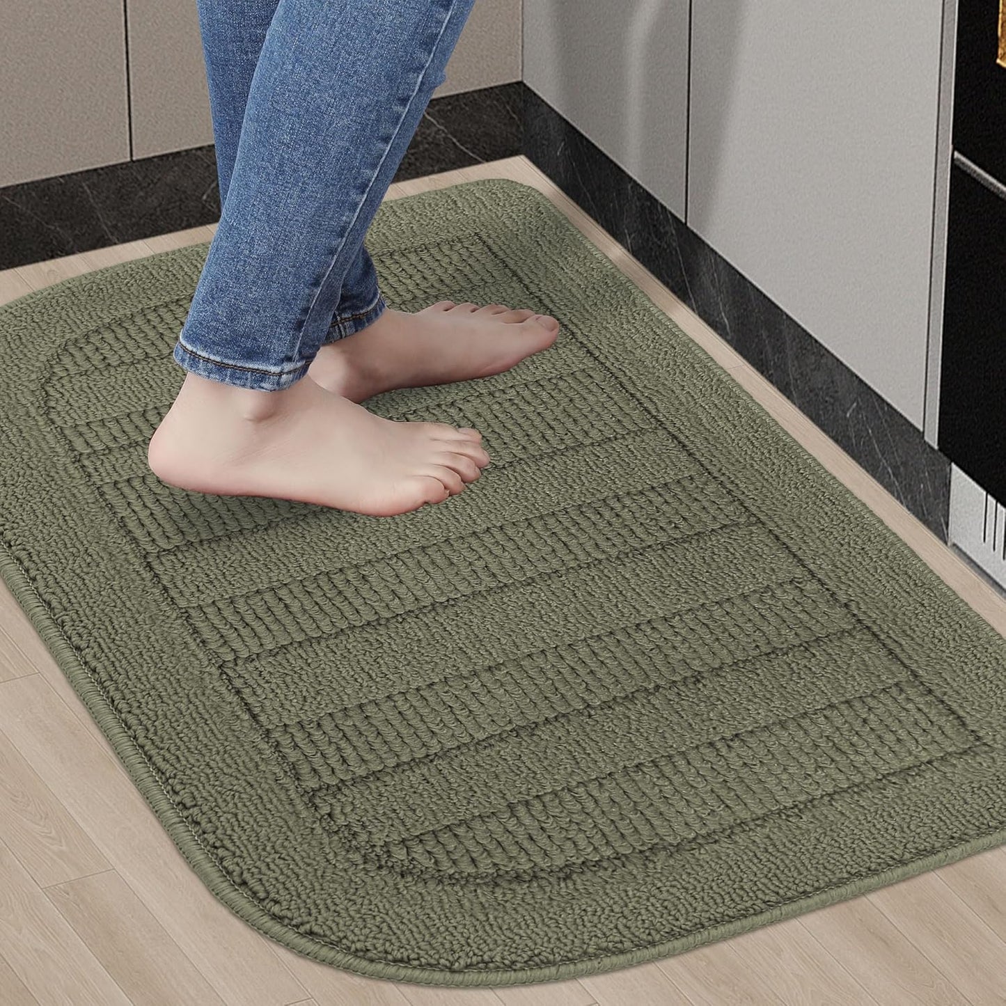 BEQHAUSE 30x18 Inch Kitchen Rug Mat Durable Kitchen Rugs Non-Slip Washable Absorbent Kitchen Mats for Floor Dirt-Resistant Semicircular Kitchen Mat (Green)