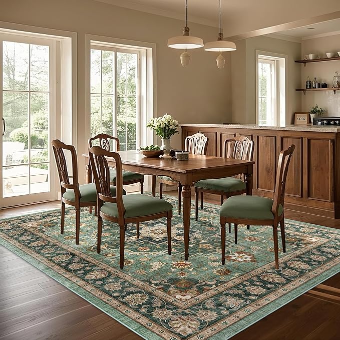 Area Rug for Living Room - Indoor Machine Washable Vintage Rug for Bedroom Dinning Room Floor - Soft Floral Carpet Non-Slip Backing Low-Pile Rugs Office (Forest Green, 8' × 10')