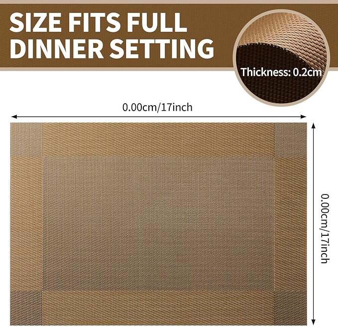 Brown Placemats Set of 6-Durable PVC Table placemats,Vinyl Woven Place Mats for Dining Table Heat Resistant Non-Slip Washable Indoor/Outdoor Table Mats 12 x17 inch