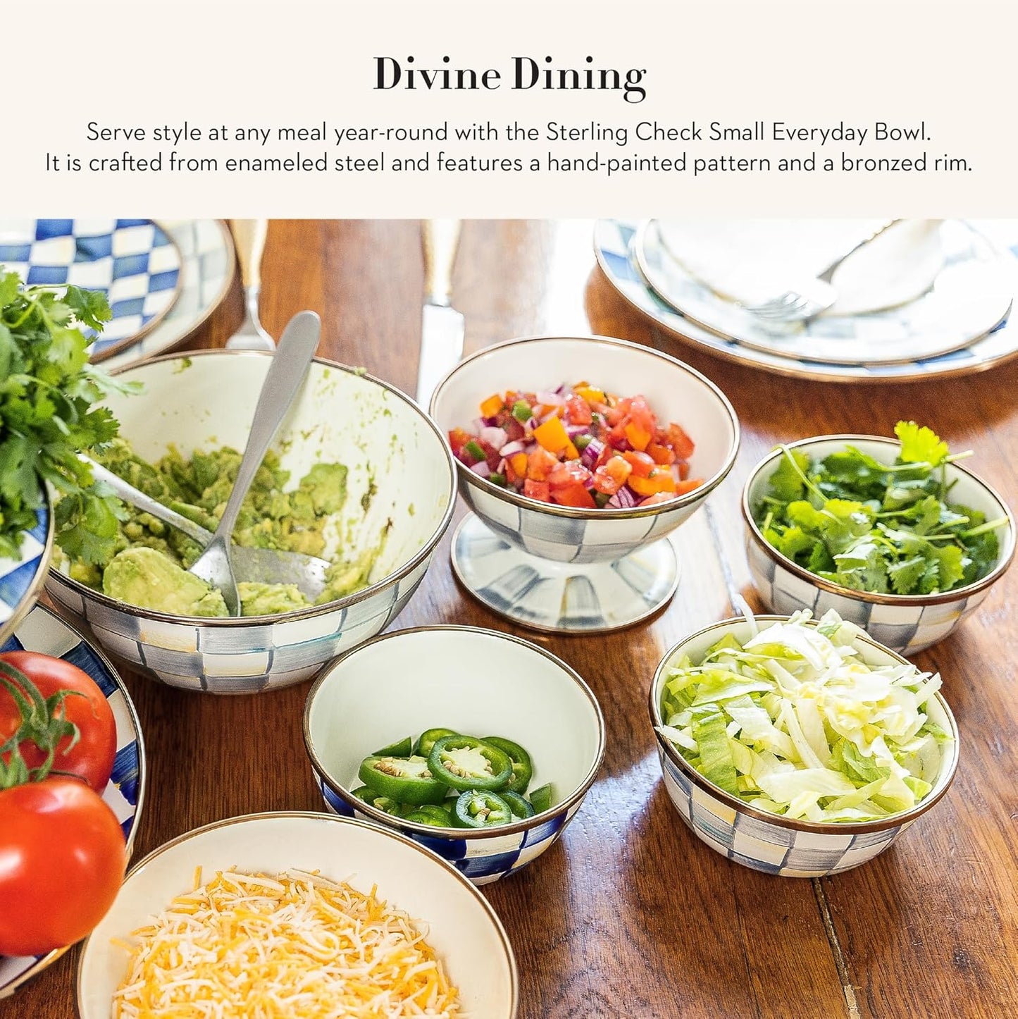 MACKENZIE-CHILDS Enamel Everyday Bowl, Serving Bowl for Entertaining, Small, Gray-and-White Sterling Check, Set of 1