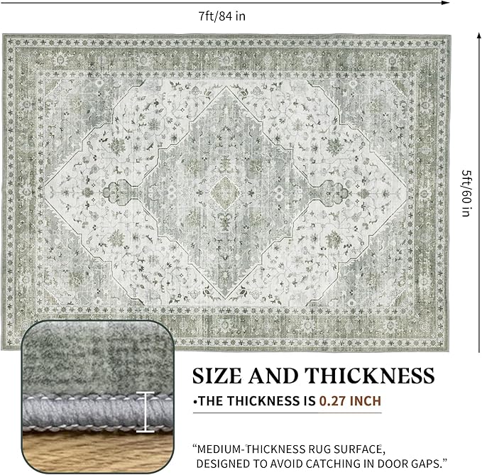 Area Rug for Living Room - Indoor Vintage Machine Washable Rug for Bedroom Dinning Room Office - Floor Carpet Non-Slip Backing Rugs Floral Soft Low-Pile (Sage Green, 5' × 7')