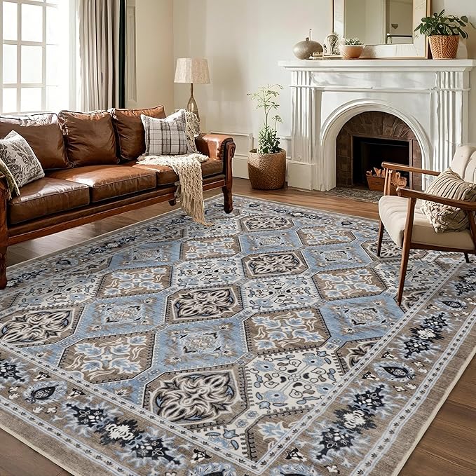 Area Rug for Living Room - Vintage Indoor Machine Washable Rug for Bedroom Dinning Room Floor - Soft Low-Pile Carpet Non-Slip Backing Floral Rugs for Office (Blue/Brown, 9' × 12')