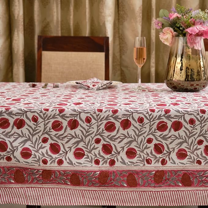 Ridhi -Sangria Red Cotton Tablecloth, Handblock Print Floral Table Cloth for Kitchen Dining Linen I Thanksgiving, Christmas, Wedding, Fall Décor 8 Seater 70X108 Inch Rectangle