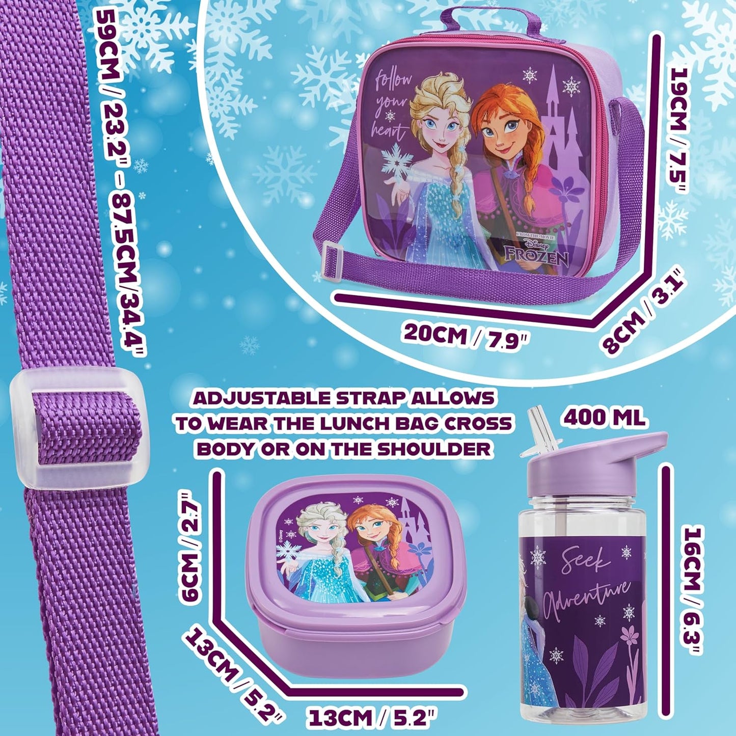 Get Trend Disney Frozen Kids Lunch Bag Set 3 Pc with Leak Proof Water Bottle and Small Lunch Box Insulated for School Daycare or Travel (Frozen)