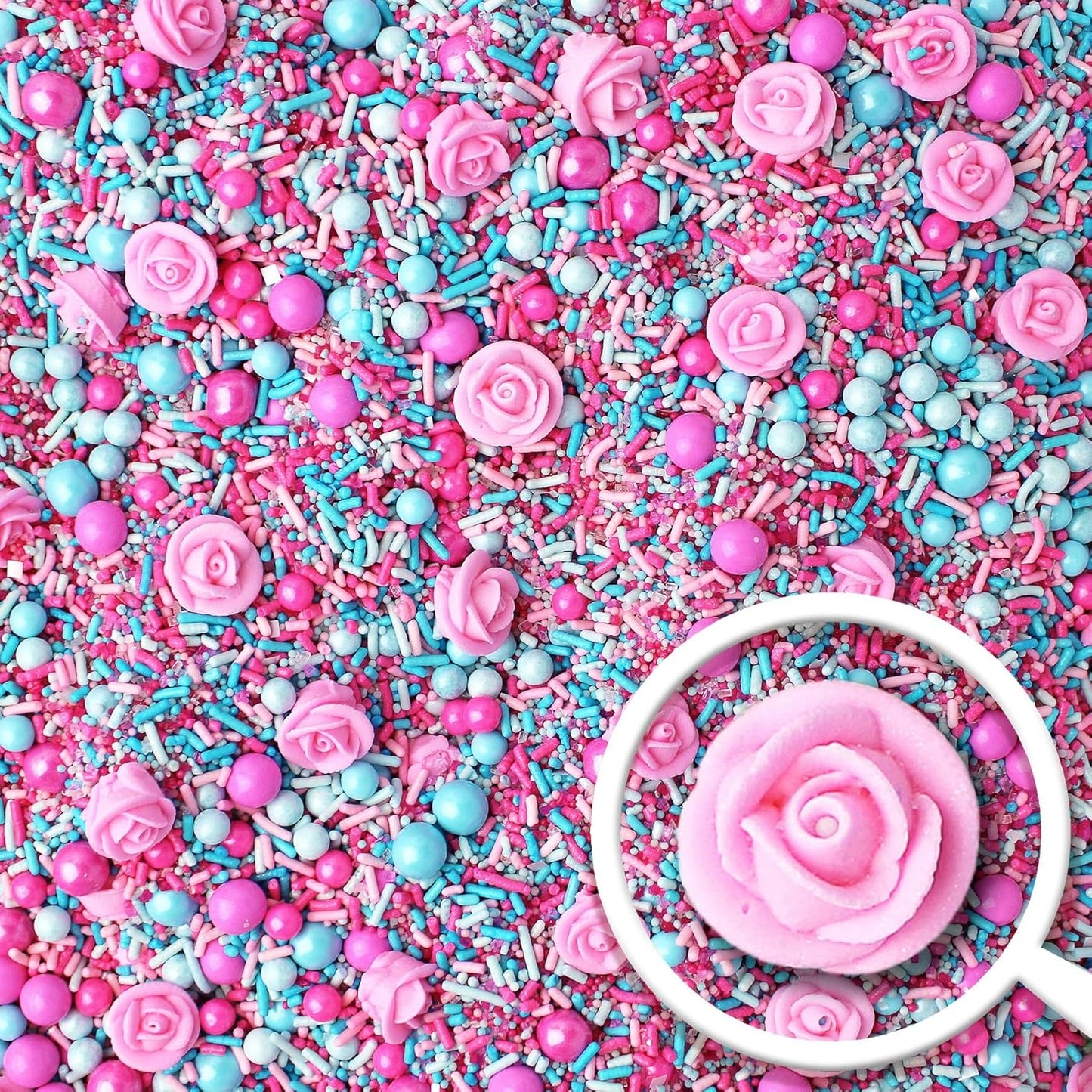 Sprinkle Pop Briar Rose Princess Sprinkle Mix| Pink and Blue Sprinkles with ~6 Hand Piped Royal Icing Roses| Birthday Sprinkles Made in USA for Decorating Cake Cupcakes Donuts Cookies Ice Cream, 2oz