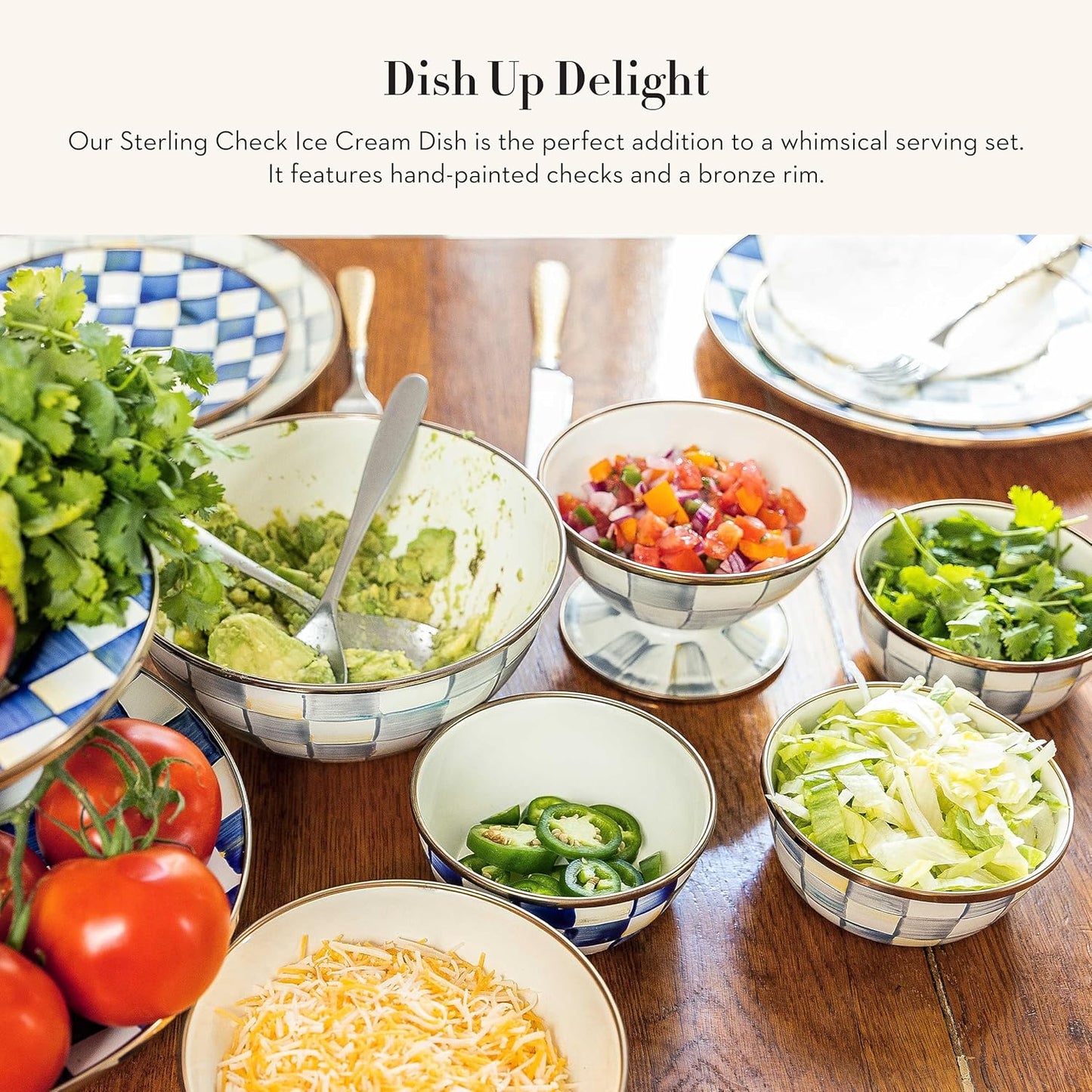 MACKENZIE-CHILDS Enamel Ice Cream Bowl, Serving Bowls for Entertaining, 2-Cup Capacity, Gray-and-White Sterling Check