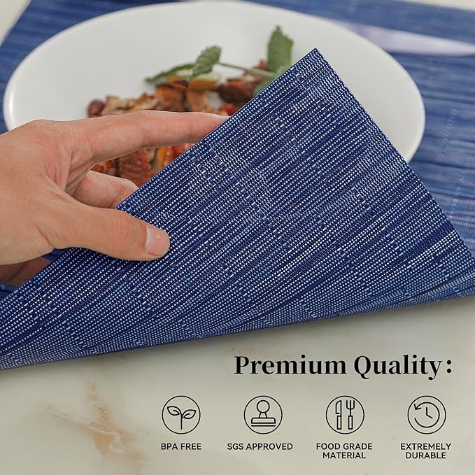 Leetaltree Blue Placemats Set of 12 - Heat Resistant Non-Slip Place mats for Dining Table, Washable Durable PVC Vinyl Woven Table Mats（Blue, 12）