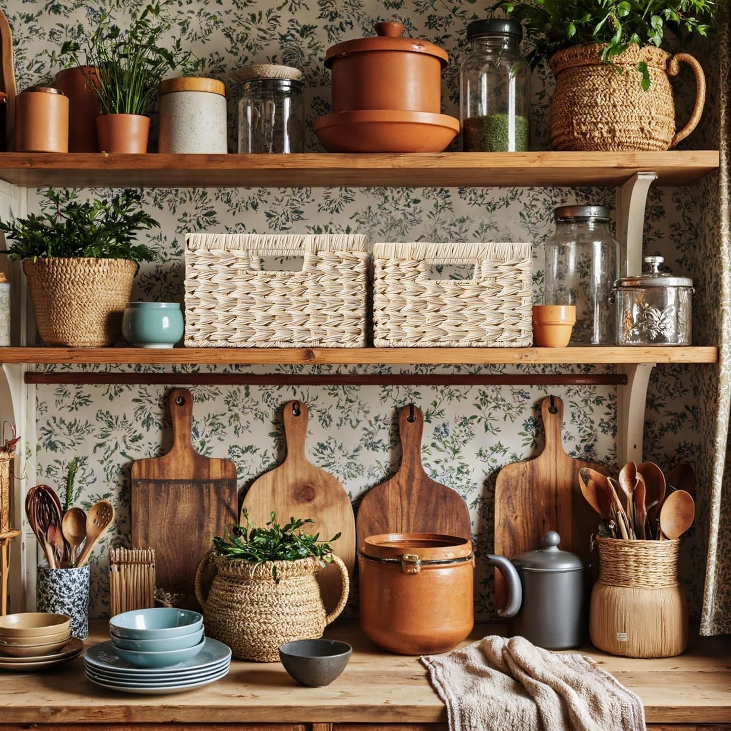 GRANNY SAYS Wicker Baskets for Organizing, Storage Basket for Shelves, Square Shelf Baskets with Handles, Waterproof Woven Basket for Living Room, Baskets for Entryway, Butter Milk