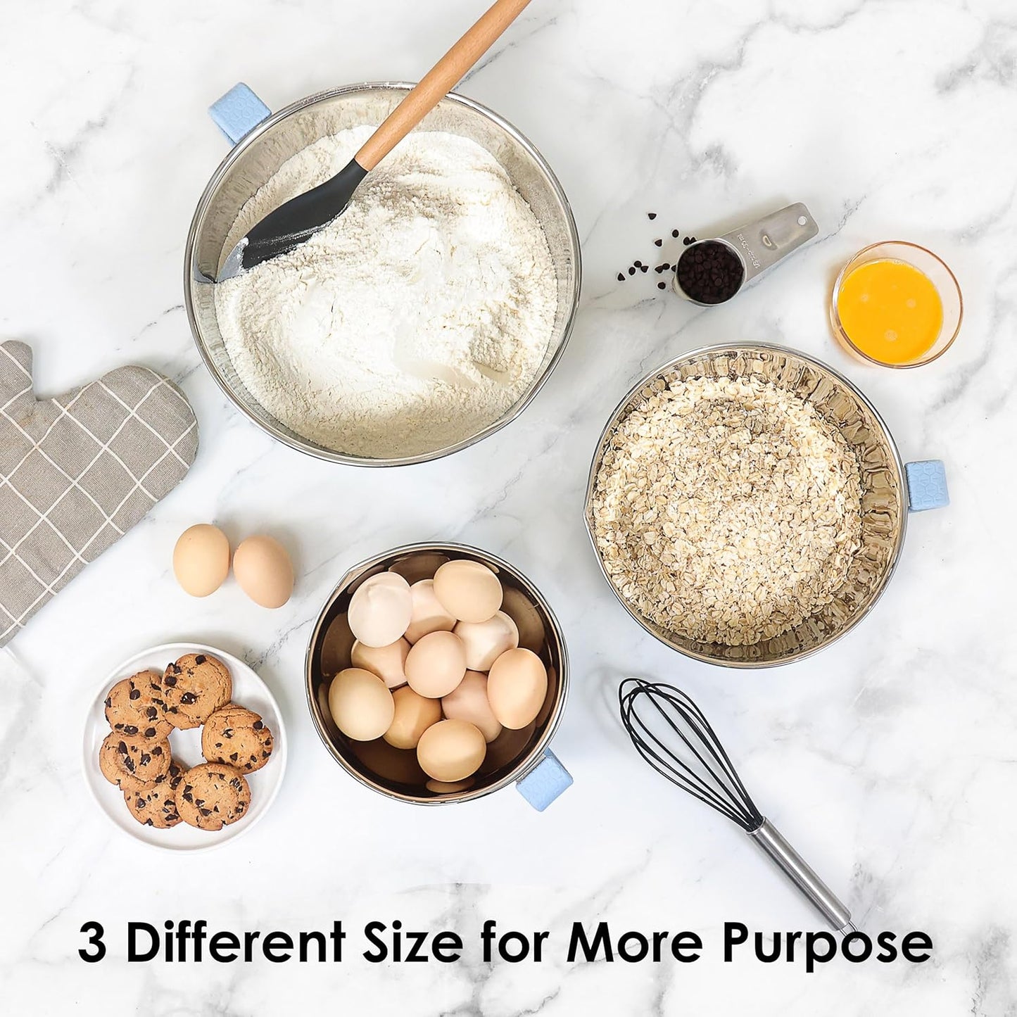 Rorence Stainless Steel Mixing Bowls Set: Non-Slip Silicone Bottom Kitchen Bowls with Pour Spout, Handle and Lid - Set of 3 - Light Blue