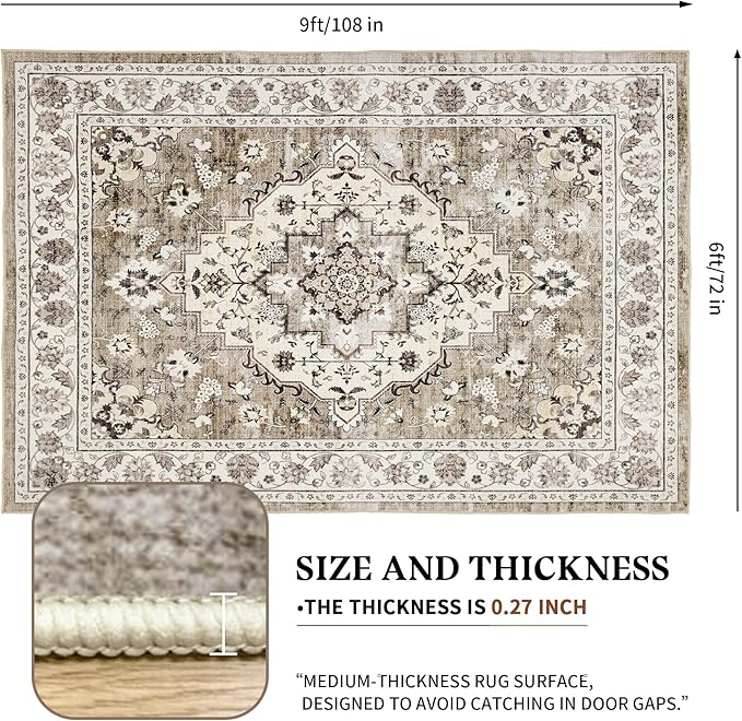 Area Rug for Living Room - Vintage Indoor Machine Washable Rug for Bedroom Dinning Room Floor - Soft Low-Pile Carpet Non-Slip Backing Floral Rugs for Office (Ivory/Beige, 6' × 9')