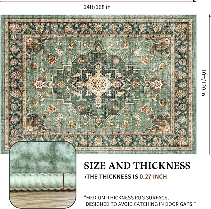 Area Rug for Living Room - Vintage Indoor Machine Washable Rug for Bedroom Dinning Room Floor - Soft Low-Pile Carpet Non-Slip Backing Floral Rugs for Office (Forest Green, 10' × 14')