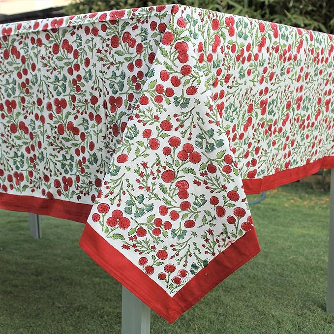 Ridhi Garnet Red Hand Block Print Cotton Rectangle Tablecloth 108 x 70 inch-Reusable Table Cover Decorative Everyday Use for Dining Room, Farmhouse, Thanksgiving, Christmas Wedding, Fall