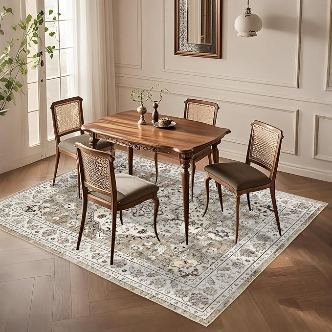 Area Rug for Living Room - Vintage Indoor Machine Washable Rug for Bedroom Dinning Room Floor - Soft Low-Pile Carpet Non-Slip Backing Floral Rugs for Office (Ivory/Beige, 6' × 9')