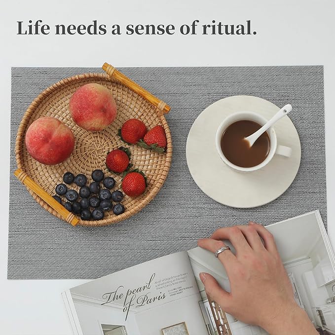 Leetaltree Grey Placemats, Heat Resistant Non-Slip Place mats for Dining Table, Washable Durable PVC Vinyl Woven Table Mats (Set of 12)