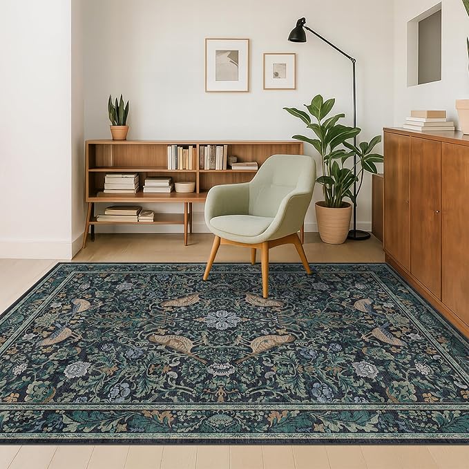 Cottagecore 5x8 Throw Rugs for Living Room, Washable Forest Rugs for Dining Room, Non Slip 5 by 8 Bedroom Under Bed, Low Pile Soft Carpet (Navy Blue & Deep Teal)