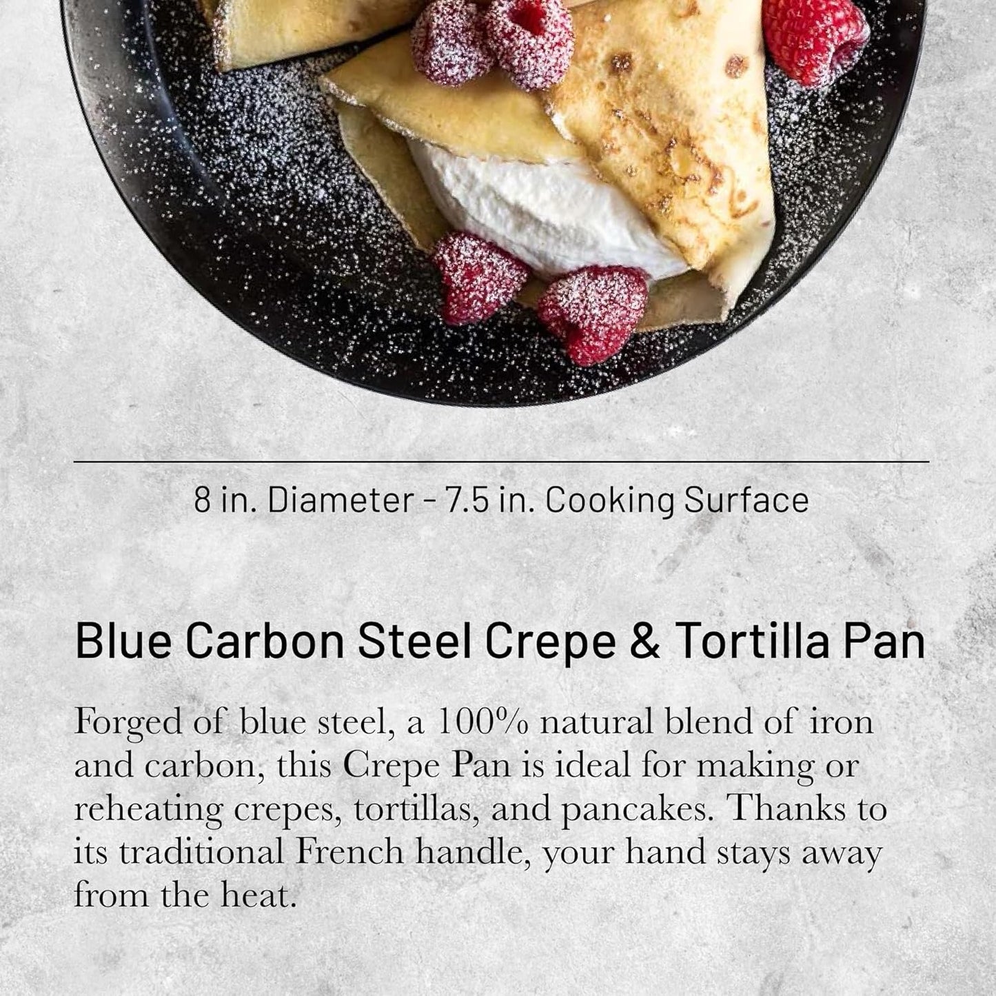 De Buyer Blue Carbon Steel Crepe & Tortilla Pan - 8” Diameter, 7.5” Cooking Surface - Ideal for Making & Reheating Crepes, Tortillas & Pancakes - PFAS, PFOA & PFOS Free - Made in France