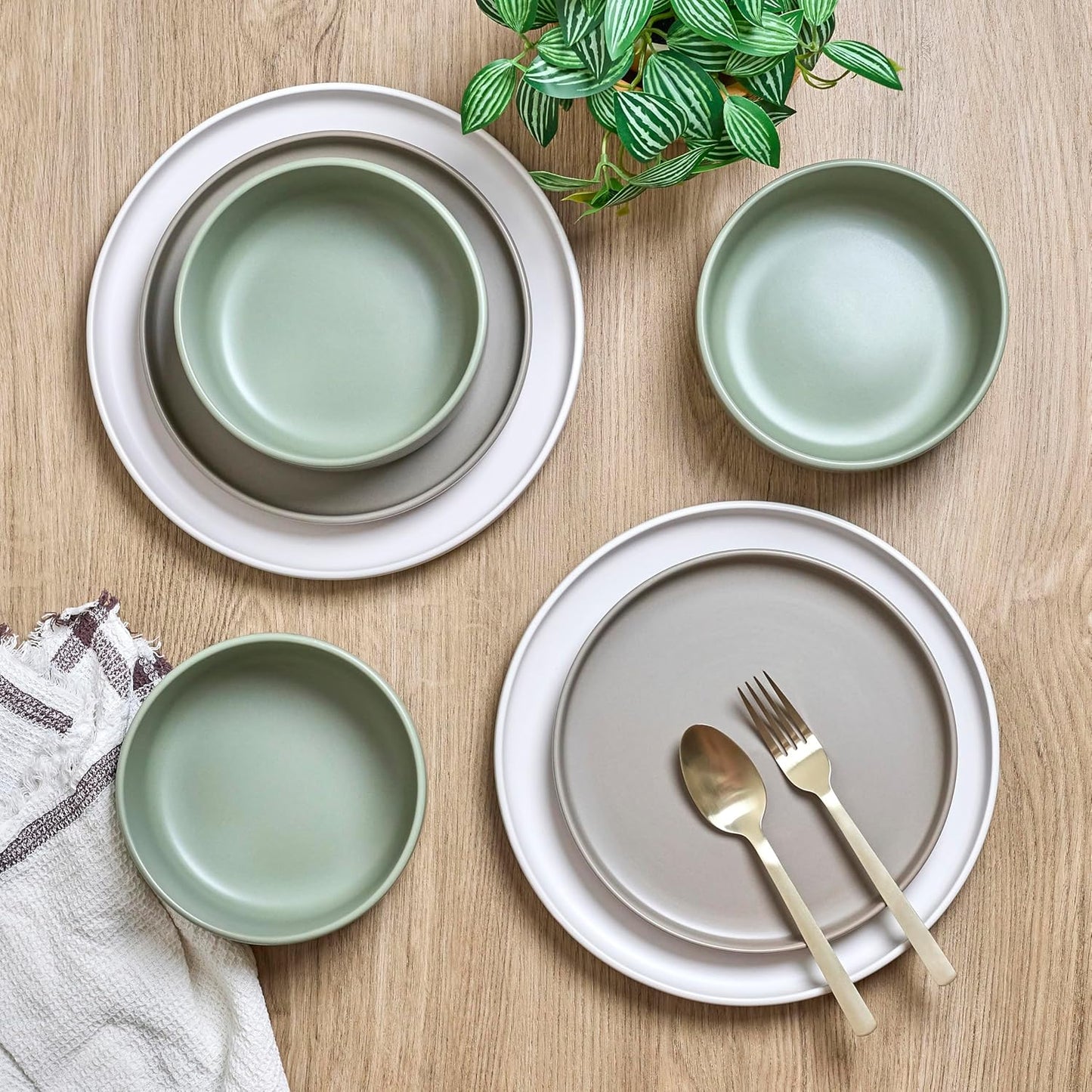 Sango Rollo Alta 12-Piece Modern Stoneware Dinnerware Set- Sage/Sand/White, Includes Dinner & Salad Plates, Cereal Bowls, Microwave & Dishwasher Safe, Highly Chip and Crack Resistant, Service for 4
