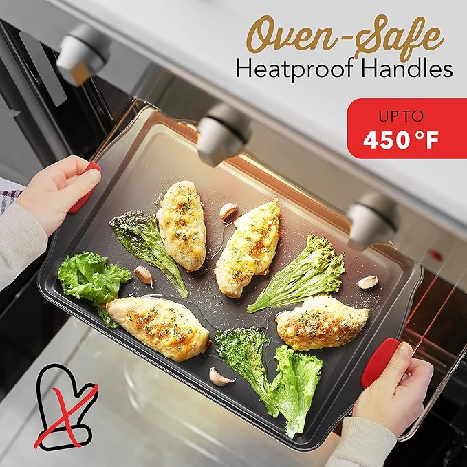 Baking Sheet Set, 2-Piece Large Cookie Sheet Set with Silicone Handles, Steel Baking Pan, Baking Sheets for Oven, BPA Free Nonstick Set, Half Sheet Pans, Black Baking Tray