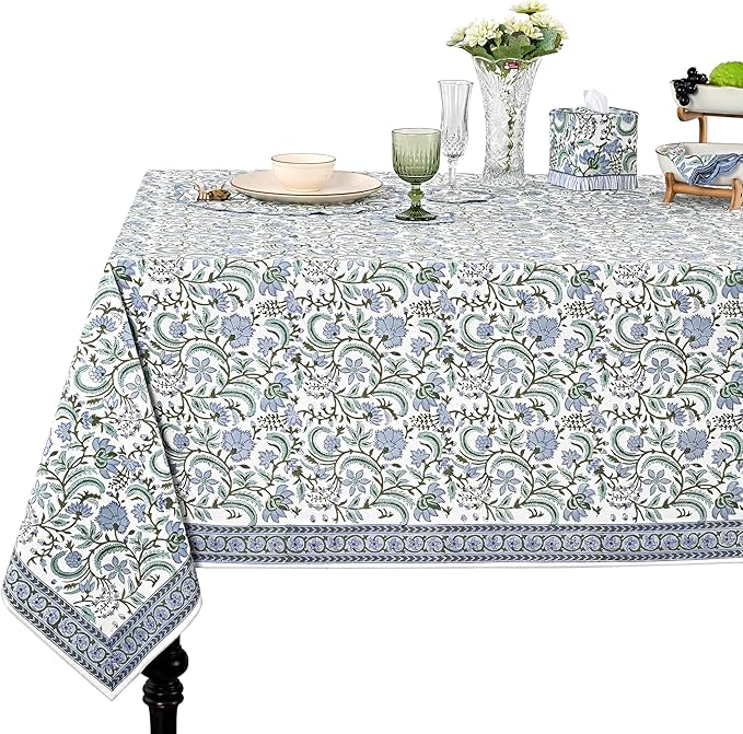 Ridhi Columbia Blue Hand Block Print Cotton Rectangle Tablecloth 118 x 70 inches Reusable Table Cover Decorative Everyday Use for Dining Room, Farmhouse, Home, Party, Festive & Wedding, Fall