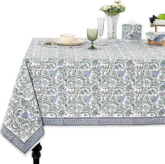 Ridhi Columbia Blue Hand Block Print Cotton Rectangle Tablecloth 118 x 70 inches Reusable Table Cover Decorative Everyday Use for Dining Room, Farmhouse, Home, Party, Festive & Wedding, Fall