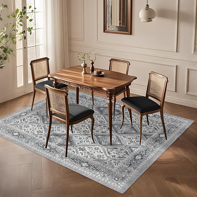 Area Rug for Living Room - Indoor Machine Washable Vintage Rugs for Bedroom Dinning Room Floor - Soft Low-Pile Carpet Non-Slip Backing Floral Rugs for Office (Grey, 5' × 7')