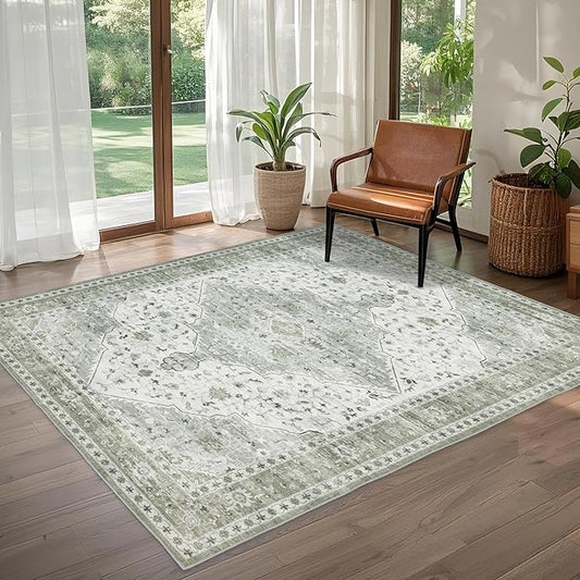Area Rug for Living Room - Indoor Machine Washable Vintage Rugs for Bedroom Dinning Room Floor Carpet Non-Slip Backing Rugs Floral Soft Low-Pile Office Rug (Sage Green, 6' × 9')