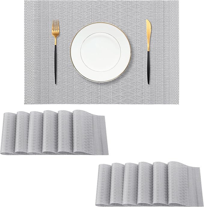 Leetaltree Lunar Grey Placemats Set of 12 - Heat Resistant Non-Slip Place mats for Dining Table, Washable Durable PVC Vinyl Woven Table Mats（Lunar Grey, 12）