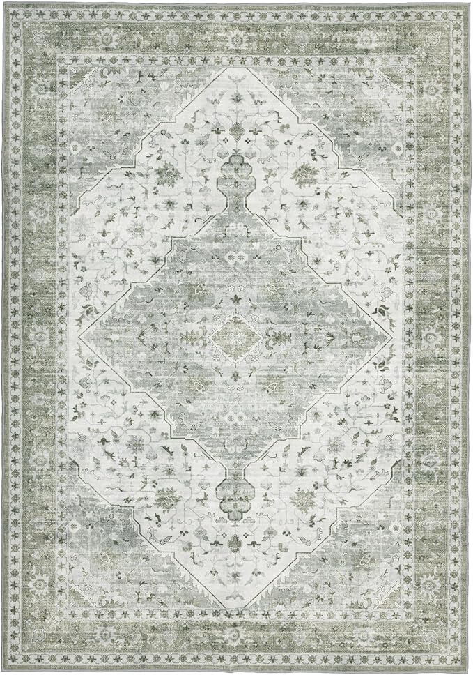 Area Rug for Living Room - Vintage Indoor Machine Washable Rug for Bedroom Dinning Room Floor - Soft Low-Pile Carpet Non-Slip Backing Floral Rugs for Office (Sage Green, 8' × 10')