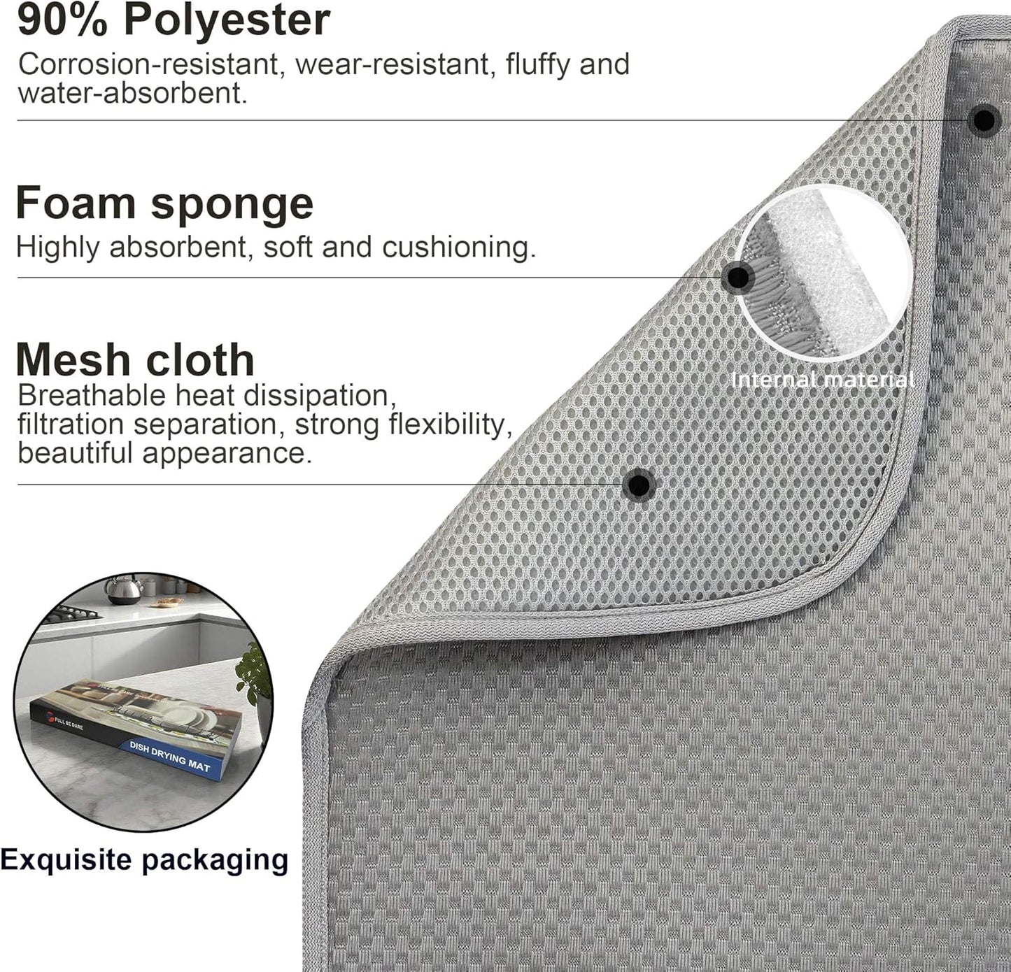 Dish Dryer Mat, Dish Drying Mats For Kitchen Counter, Large Dish Drying Pad for Kitchen Counter, Microfiber Dish Drying Mat for Sinks, Drainer Mats, 20 x 15 inches (Gray)