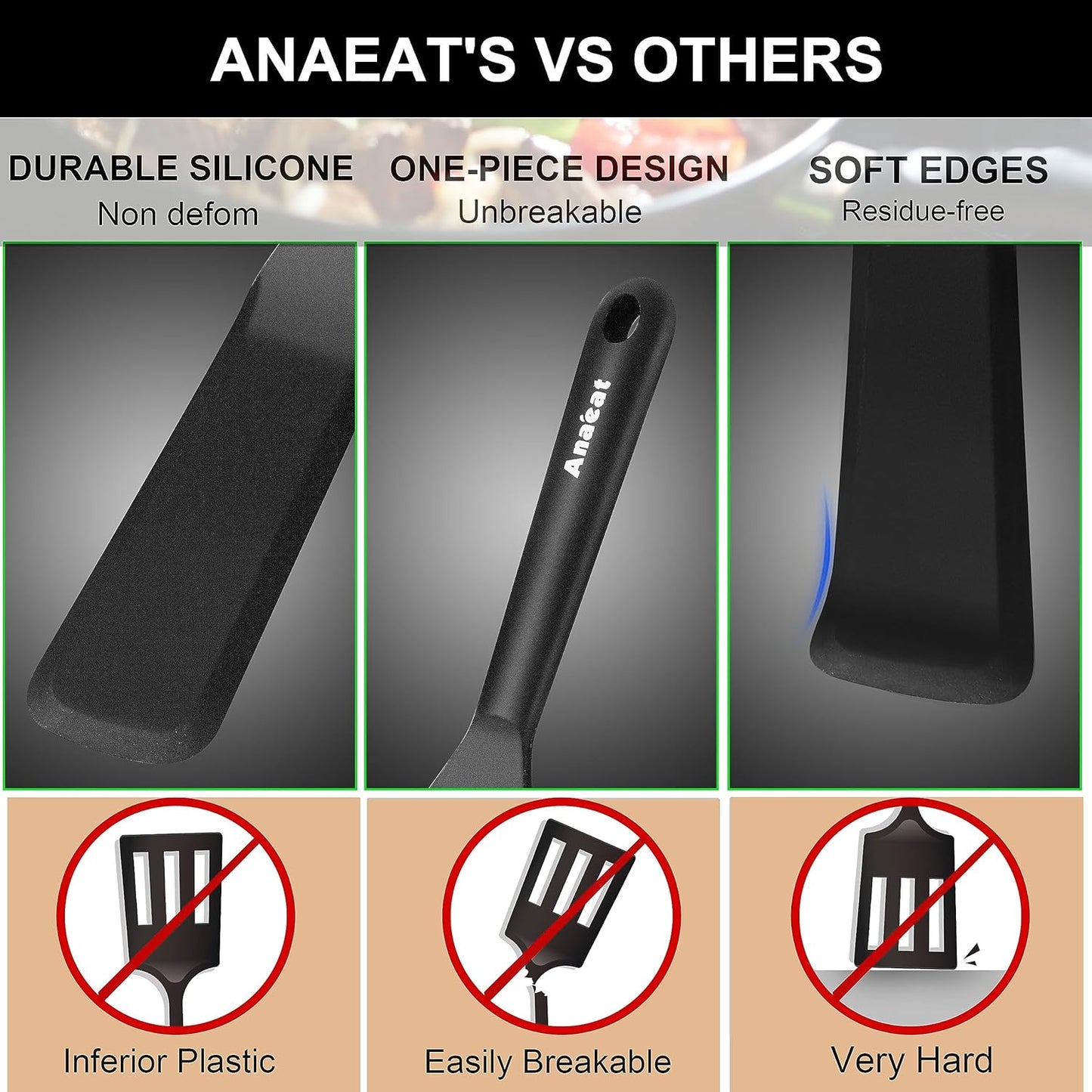 Anaeat Silicone Thin Spatula Set of 2 - Mini Brownie Serving Spatulas - Non Stick Spurtle Turner for Easy Cooking Eggs, Omelet, Pancake, Burgers, Pizza, Steak, Crepes, Heat Resistant & BPA Free