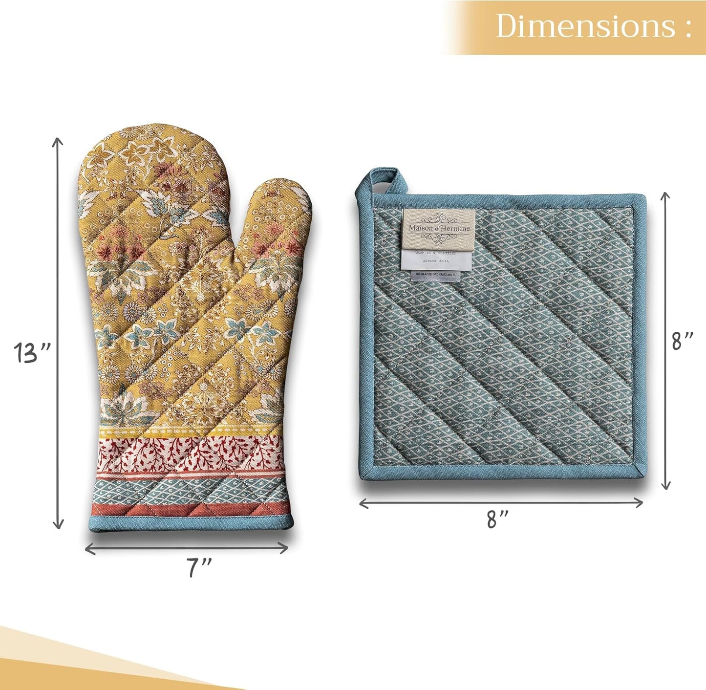 Maison d' Hermine 100% Cotton Oven Mitt & Pot Holder Set (7.5"x13" & 8"x8") Heat Resistant BBQ Cooking Gloves with Loop, Baking, Grilling, Kitchen, Handling Hot Pans Spring/Summer (Marquise)
