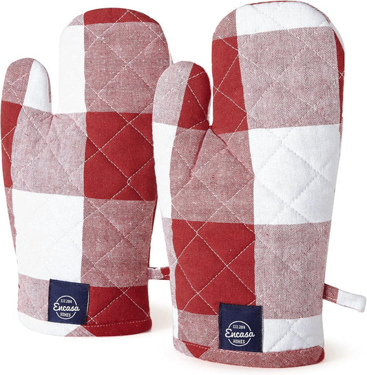 Encasa XO Long 12"x7" Oven Microwave Hand Gloves Mitts (2 pc Set) for Kitchen Cooking & Baking - Heat Resistant, Thick & Safe, Protection of Hands from Hot Utensils - Buffalo Red Checks