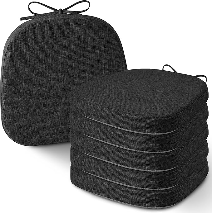 AddGrace Set of 6 Chair Cushions for Metal Dining Chairs 14x14 Chair Pads with Ties Non Slip Thick Seat Cushions with Textured and Removable Cover Black