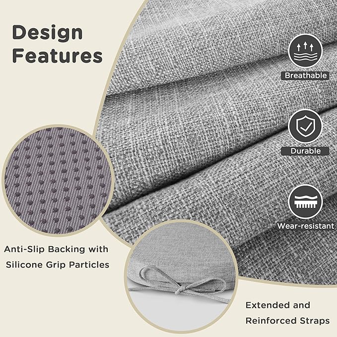 AddGrace Set of 6 Chair Cushions for Metal Dining Chairs 14x14 Chair Pads with Ties Non Slip Thick Seat Cushions with Textured and Removable Cover Light Grey