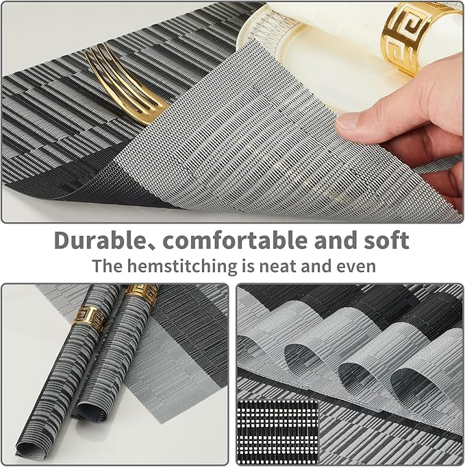 Dark Gray Placemats Set of 12-Durable PVC Vinyl Woven Washable Place Mats for Dining Table Heat Resistant Non-Slip Indoor/Outdoor Table Mats 12 * 17 inch