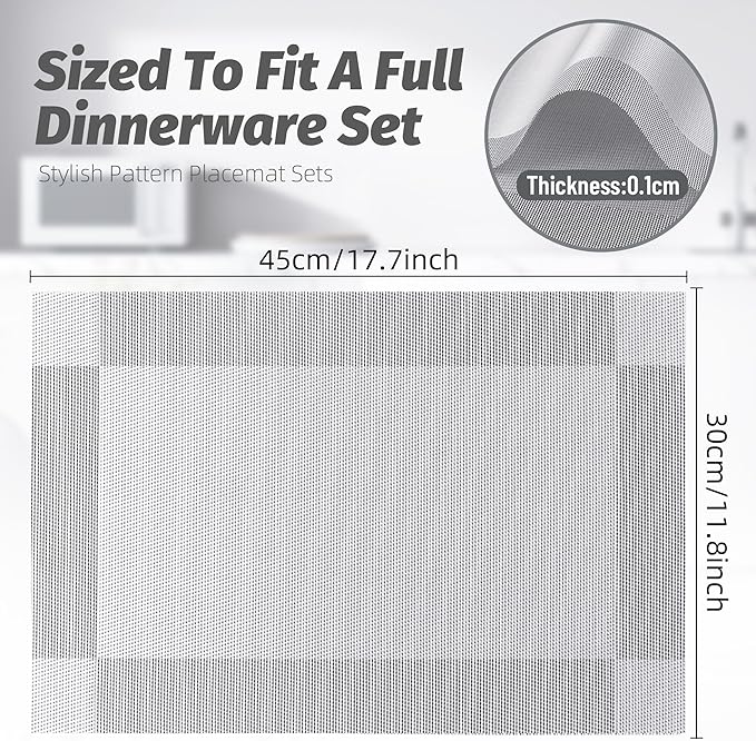 Silver Placemats Set of 6-Durable PVC Vinyl Woven Place Mats for Dining Table Heat Resistant Non-Slip Washable Indoor/Outdoor Table Mats 12 x 17 inch
