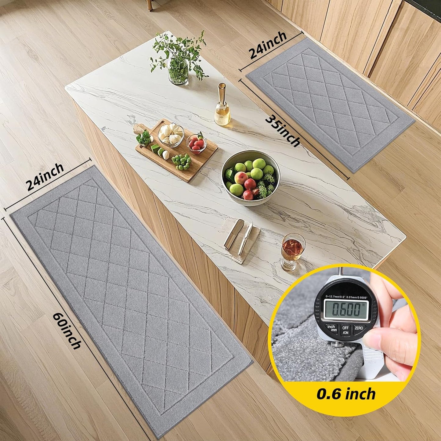 JSEI Non-Slip Kitchen Rugs, Self Adhesive No Sliding Kitchen Mats Set of 2, Soft Washable Absorbent Floor Mat for Kitchen, Bathroom, Laundry Room, Bedroom, 24”x36”+24”x60”, Light Grey, Diamond Pattern
