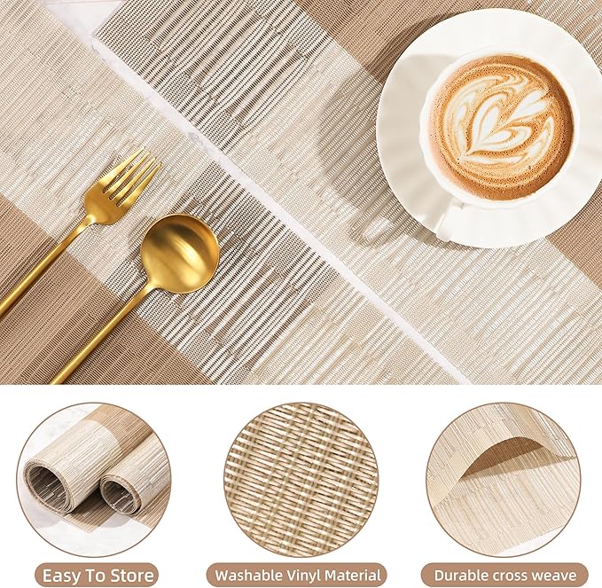 roddyricch Champagne Table mats,Washable placemats,Durable PVC Vinyl Woven Place Mats for Dining Table,Heat Resistant Non-Slip Indoor/Outdoor(6pcs Placemats+1pcs Table Runner)