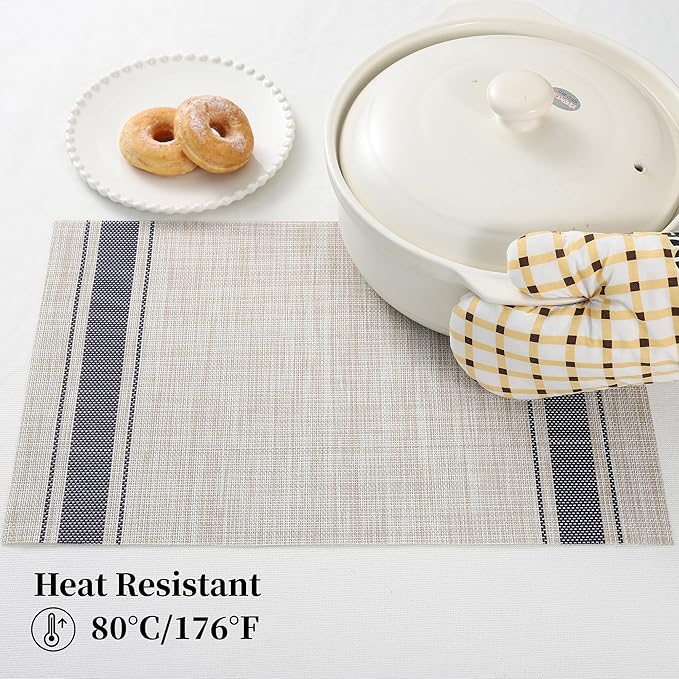 Leetaltree Khaki-Blue Placemats, Heat Resistant Non-Slip Place mats for Dining Table, Washable Durable PVC Vinyl Woven Table Mats (Set of 4)