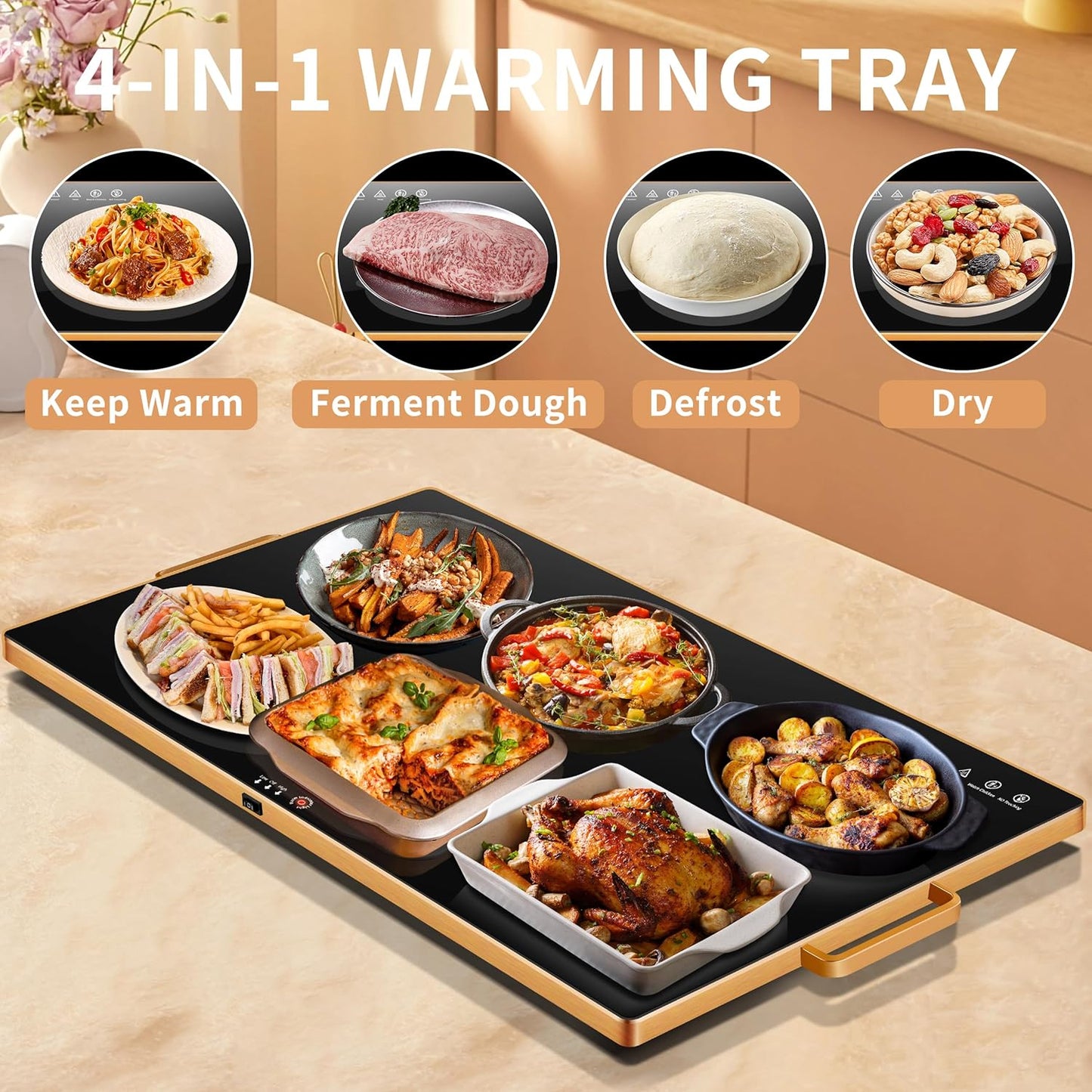 Warming Trays for Buffets Party (XXL 32"x18"),Warming Mat for Food with Thermostat & Full Surface Heating, Counter Temperature Adjustable Food Warming Mat with Gold Handles for GIfts,All Year Use
