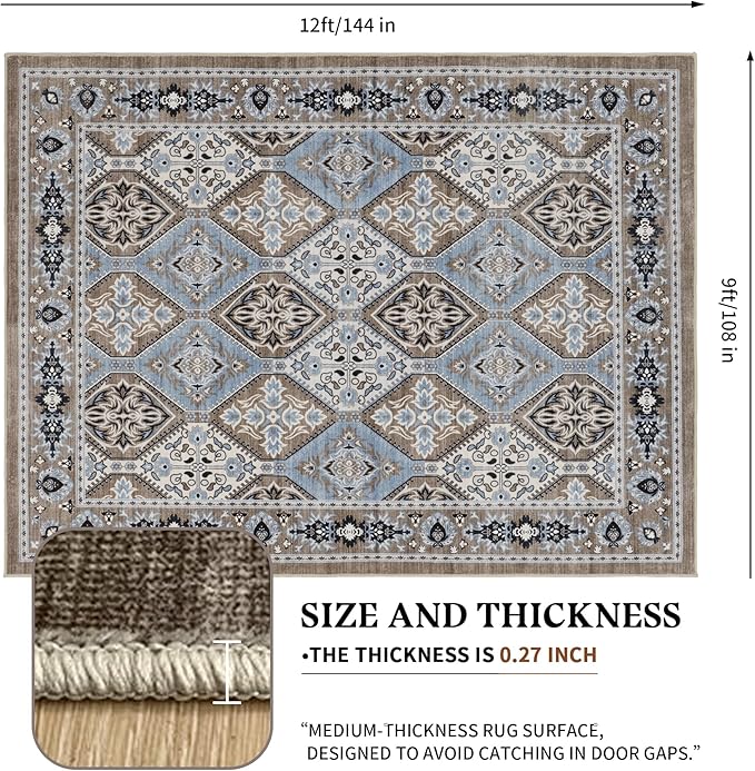 Area Rug for Living Room - Vintage Indoor Machine Washable Rug for Bedroom Dinning Room Floor - Soft Low-Pile Carpet Non-Slip Backing Floral Rugs for Office (Blue/Brown, 9' × 12')